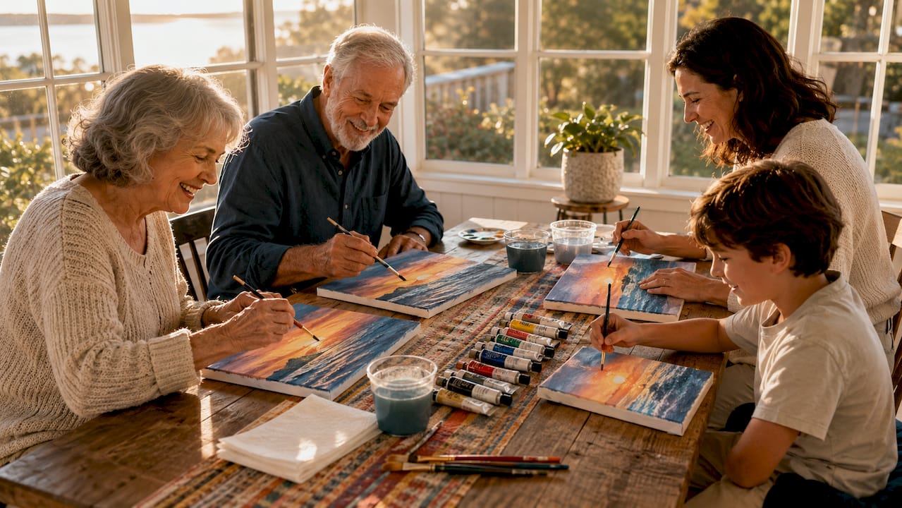 Family painting together around table at home