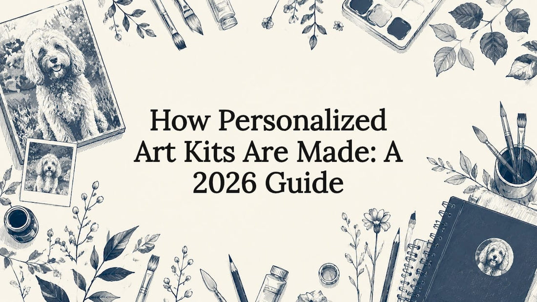 Decorative title card illustration of art supplies