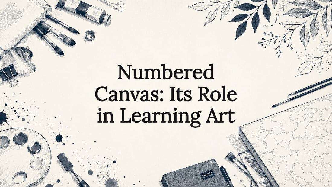Decorative title card illustration with art tools and numbered canvas elements