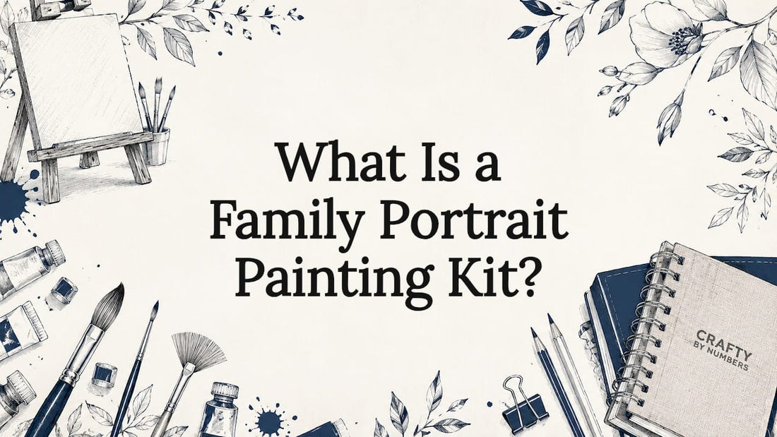 Decorative hand-drawn title card illustration with art supplies and botanicals