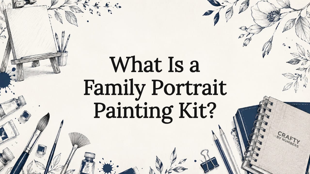 Decorative hand-drawn title card illustration with art supplies and botanicals