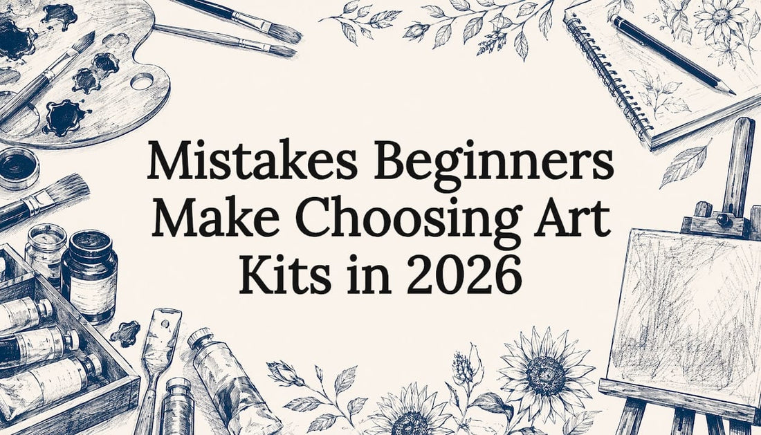 Decorative hand-drawn art supplies framing title text area