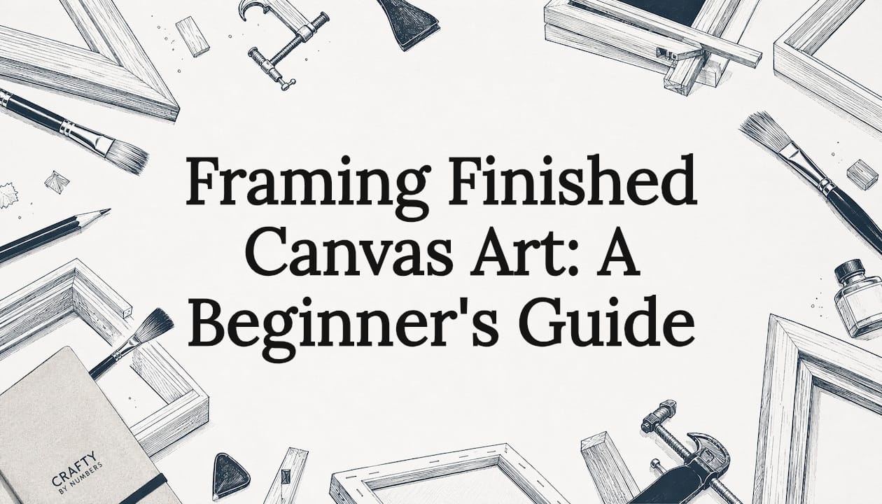 Decorative title card illustration with framing tools and materials