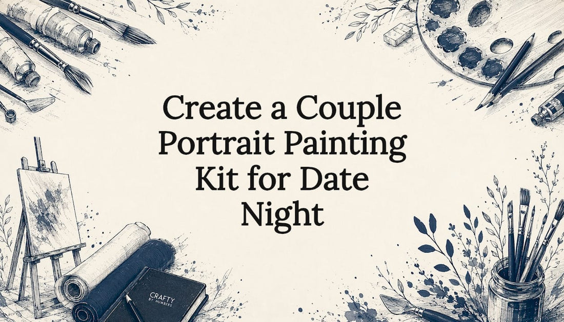 Decorative illustrated title card with art supplies framing center