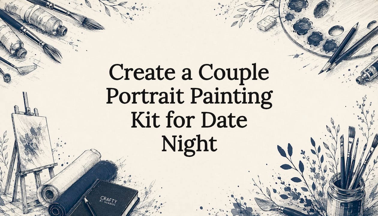 Decorative illustrated title card with art supplies framing center