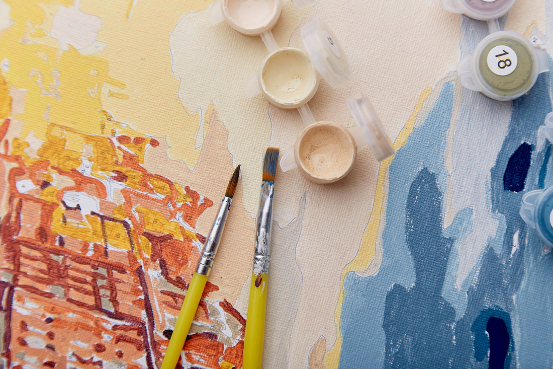 Paint by Numbers: Close-up of a detailed picture with colored pencils on a table