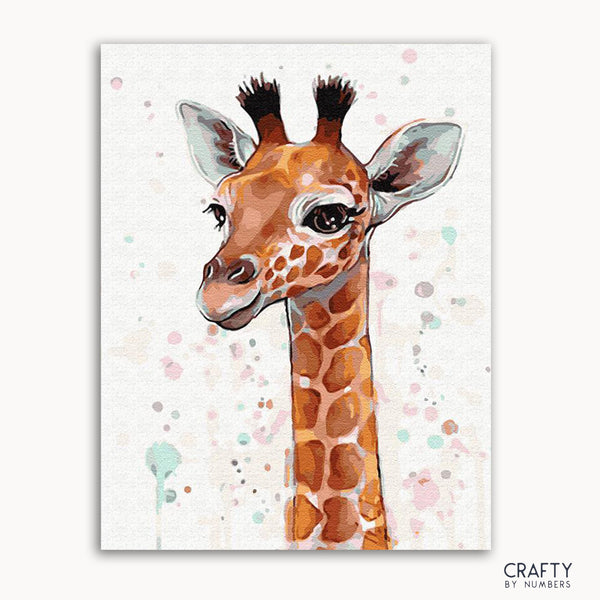 A watercolor painting of a baby giraffe with a gentle expression and small.