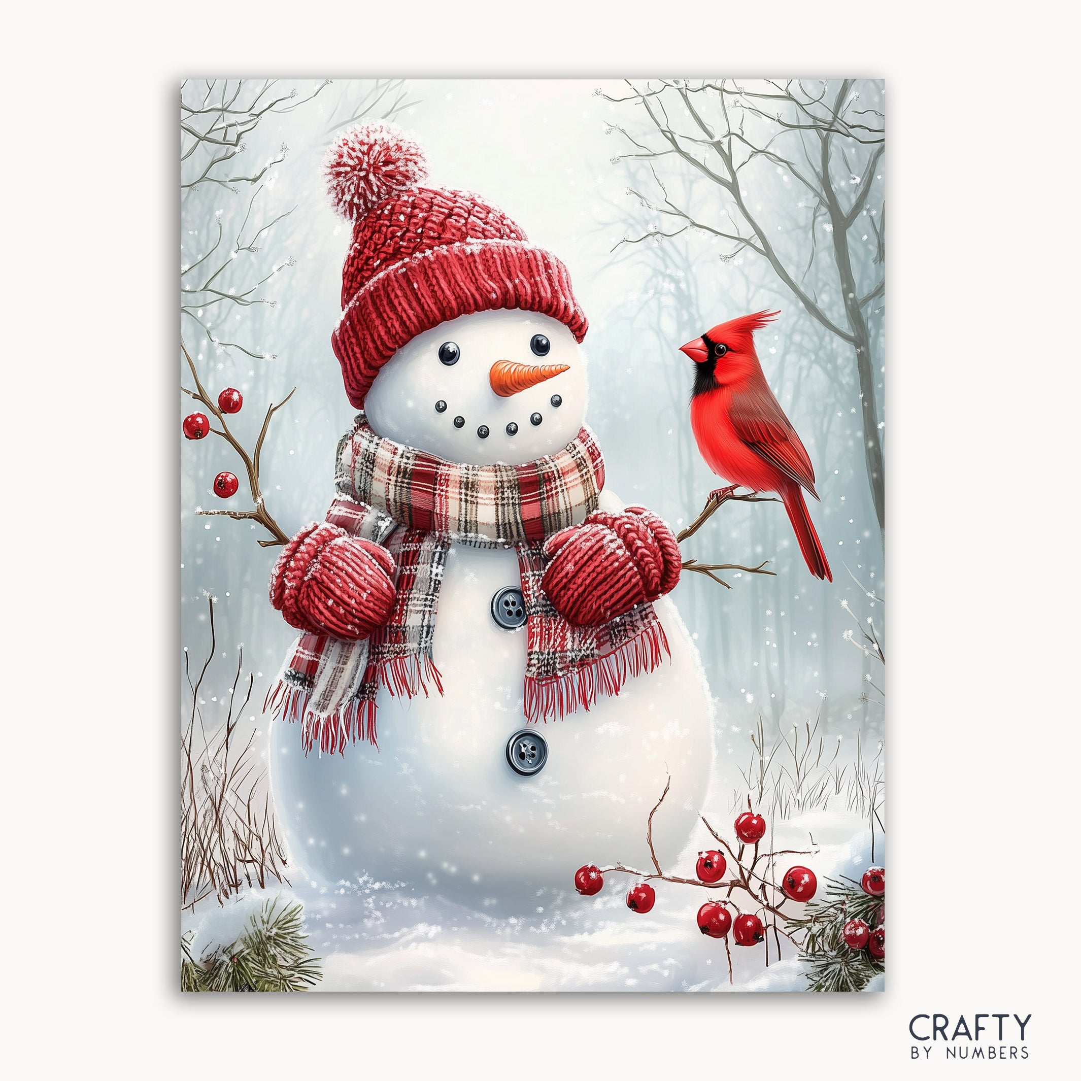 A paint by numbers kit depicting a snowman with a red hat and plaid scarf, standing next to a red cardinal bird, against a snowy backdrop with trees and red berries.