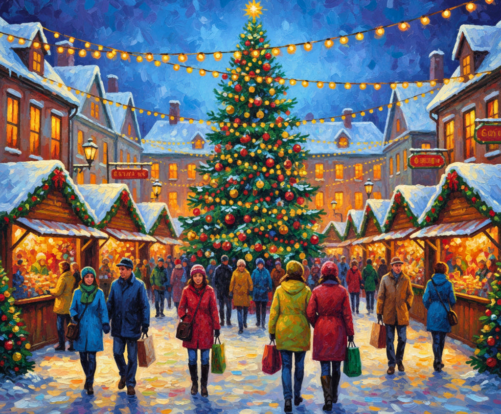 Shoppers and wooden stalls around a Christmas tree in a snowy market.