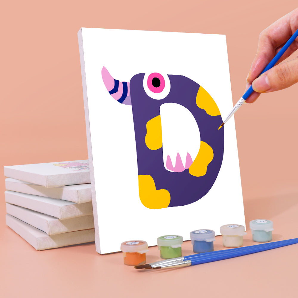 Person painting a colorful letter 'D' on a canvas with paint supplies.
