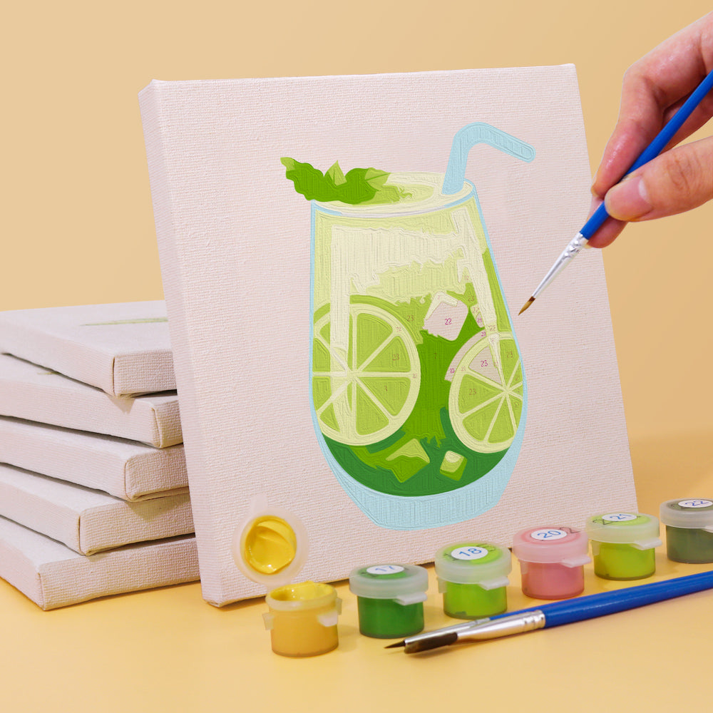 Colorful cocktail-themed mini paint by numbers kit with brushes and paint pots