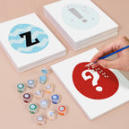 Children's educational game with cards and markers on a beige surface