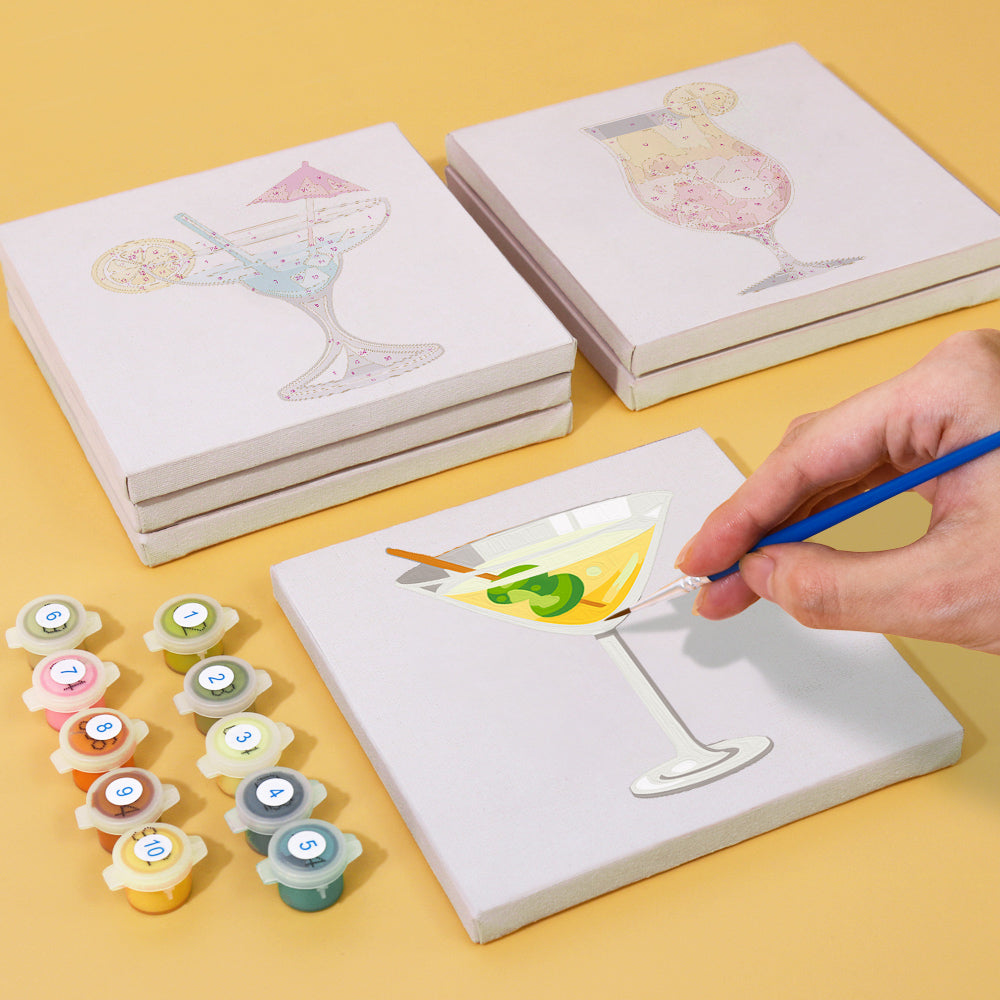 Mini paint by numbers kit featuring tropical cocktails and vibrant colors