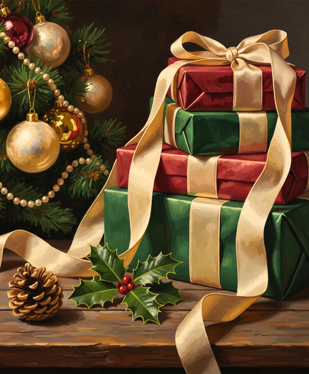 Gift boxes wrapped in red and green with gold ribbons beside a Christmas tree.