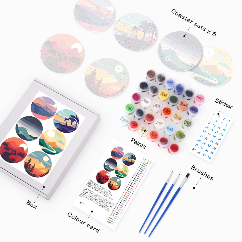 Dreamy landscapes paint by numbers kit set of 6, DIY canvas art for beginners and relaxing home décor project.