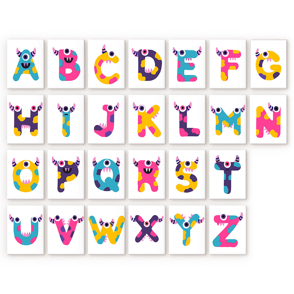 Colorful alphabet letters with monster designs on a white background
