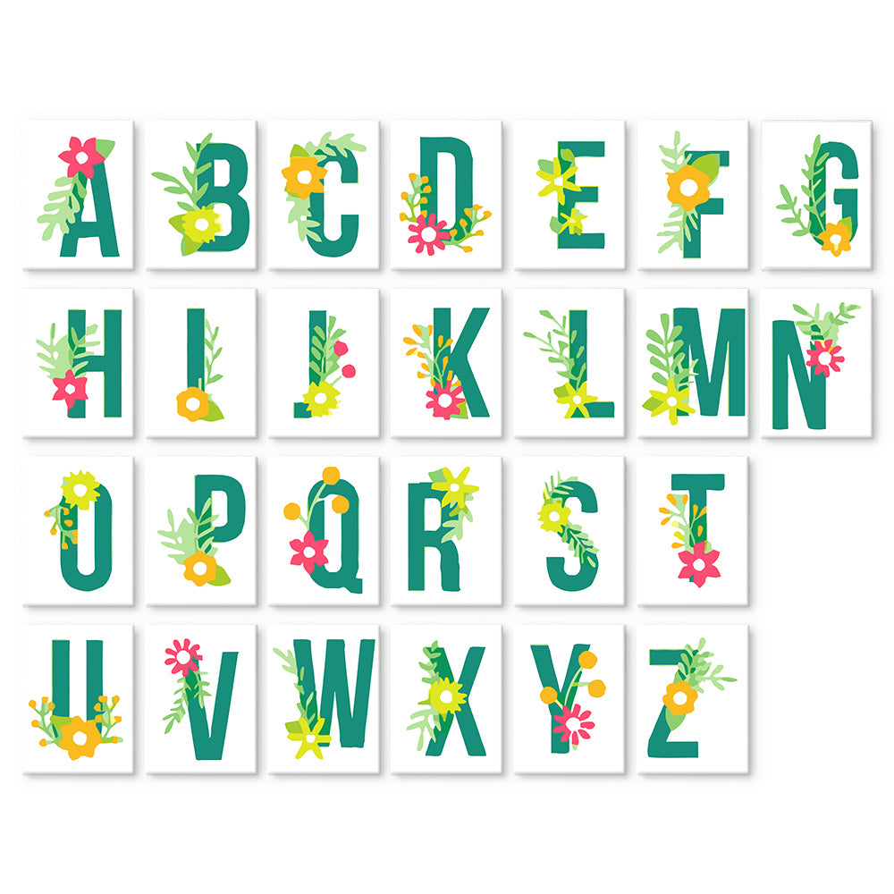 Alphabet letters with floral designs on a white background