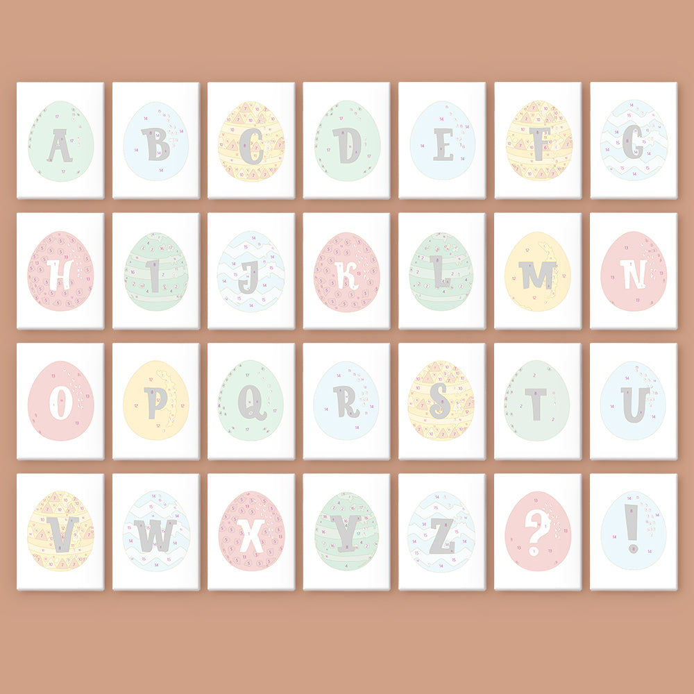 Alphabet cards with letters and symbols on a brown background