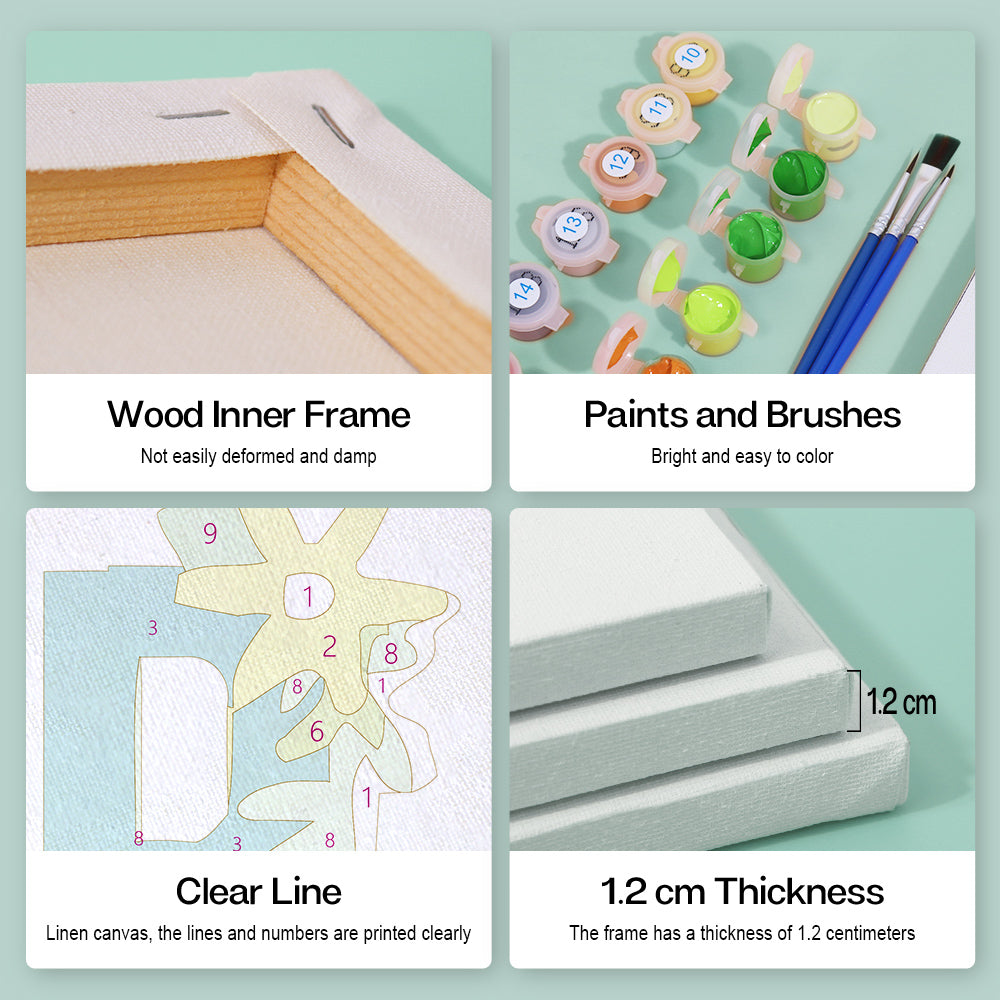 Collage of wood inner frame, paints and brushes, clear line, and thickness measurement on a light green background.