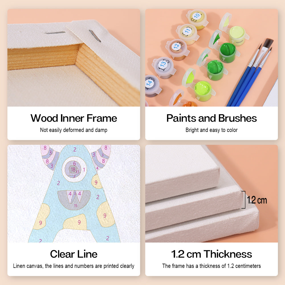 Collage of art supplies including a wood inner frame, paints and brushes, clear line design, and linen canvas with measurements.