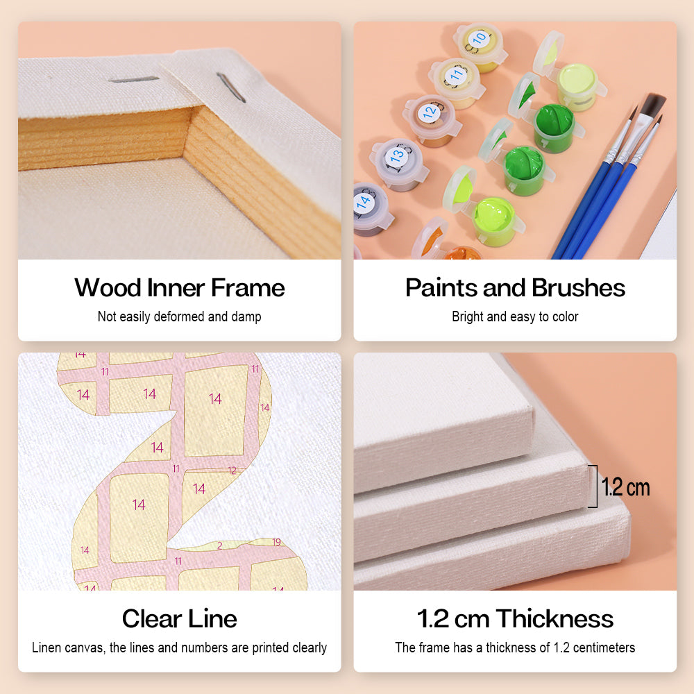Collage of art supplies including a wood inner frame, paints and brushes, clear line on linen canvas, and frame thickness measurement.