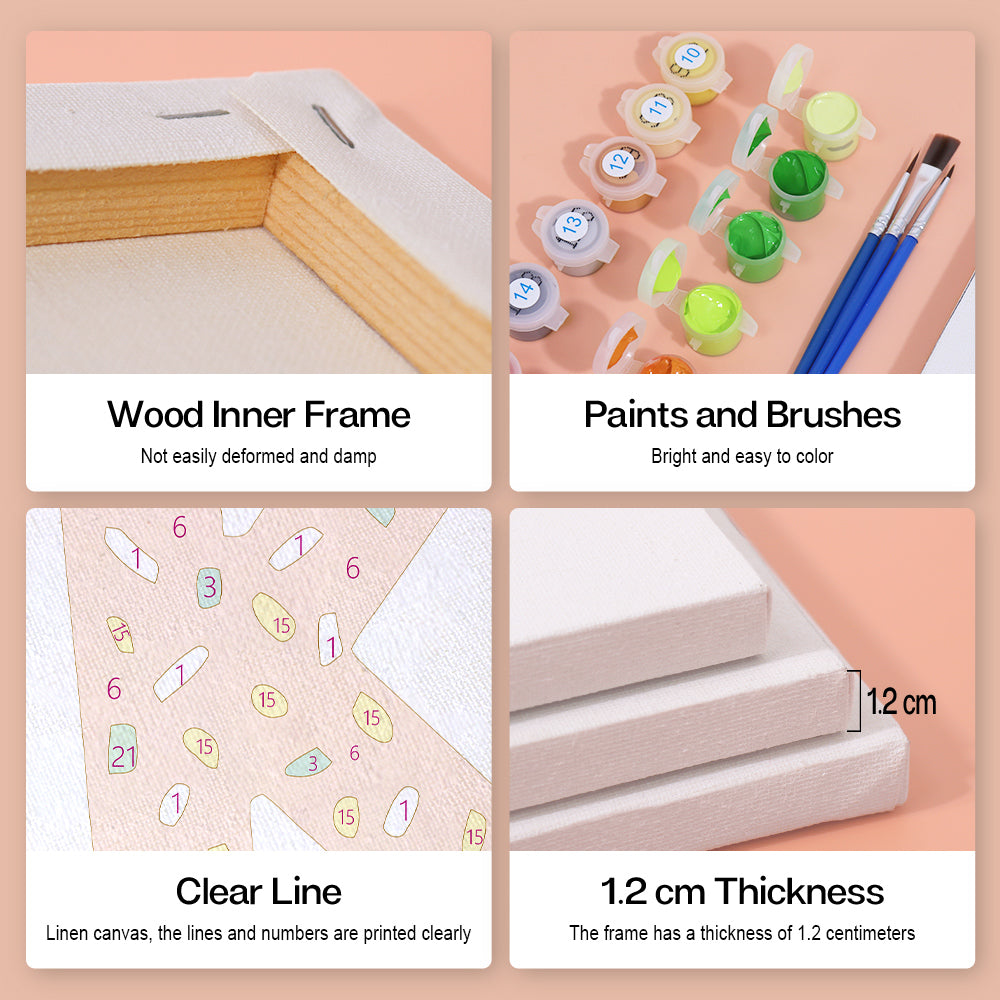 Collage of art supplies including a wood inner frame, paints and brushes, linen canvas with printed lines and numbers, and measurements.