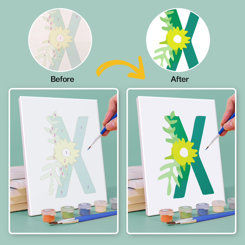 Before and after comparison of painting a letter 'X' with decorative elements on a canvas.