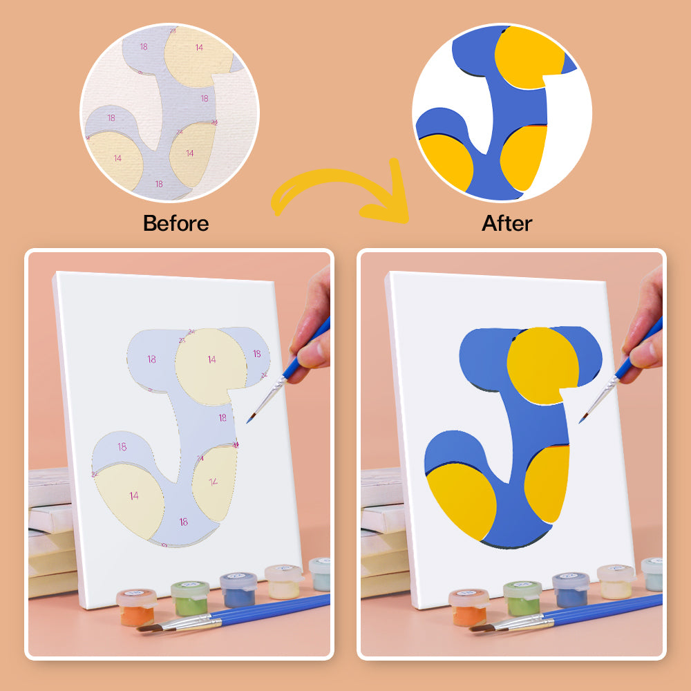 Before and after comparison of painting a geometric design on paper with a brush.
