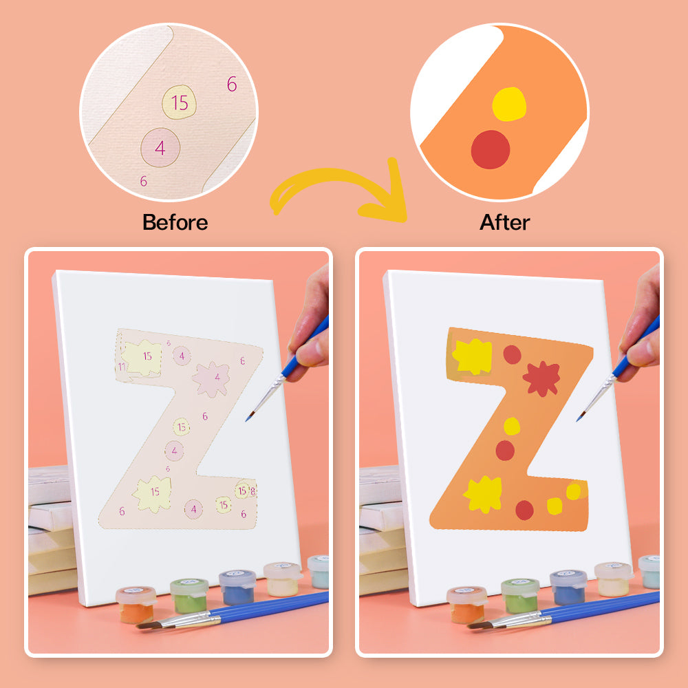 Before and after comparison of painting a letter 'Z' with colorful dots on a white sheet.