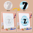 Before and after transformation of a letter 'Z' on an egg-shaped canvas with painting supplies.