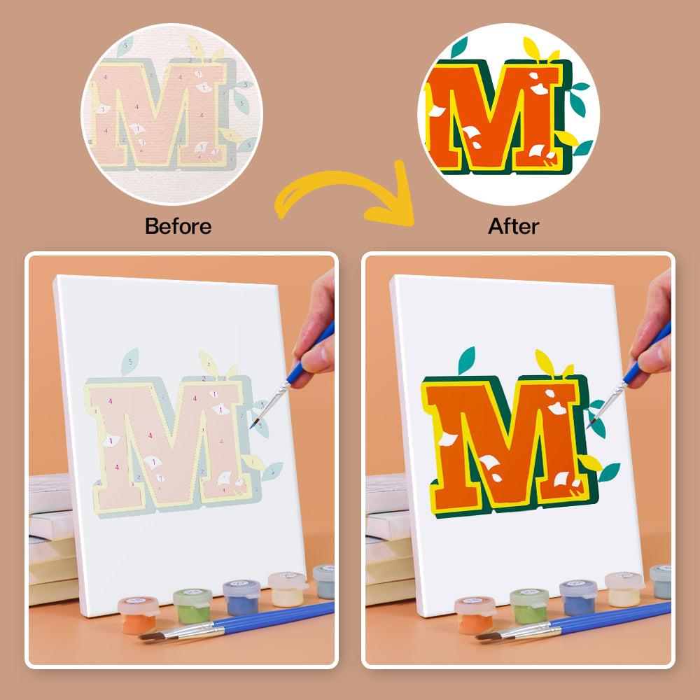 Before and after comparison of painting a letter 'M' with additional elements.