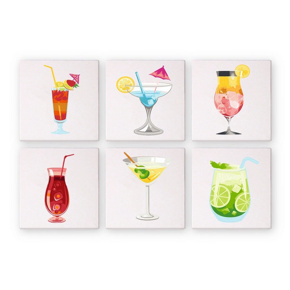 A set of six canvas paint-by-numbers illustrations featuring various cocktails, including a mojito, martini, daiquiri, and margarita.