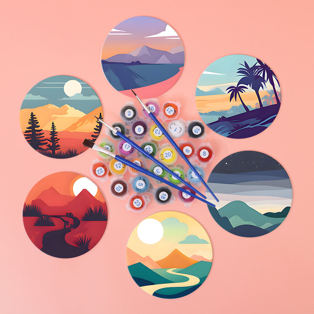 Relaxing landscape painting kit with numbered canvas, perfect for beginners and hobby artists