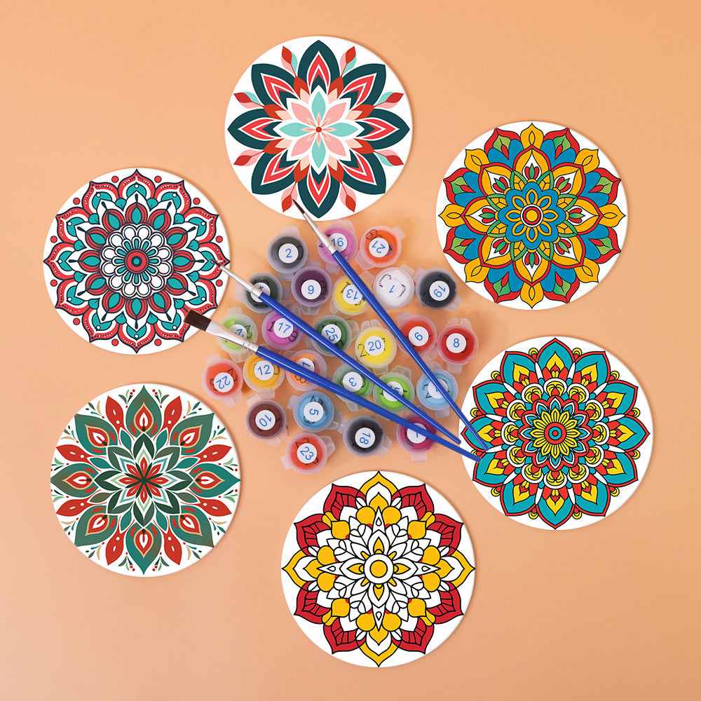 Mandala Magic Coasters Paint by Numbers featuring vibrant colors and inspired by famous paintings.