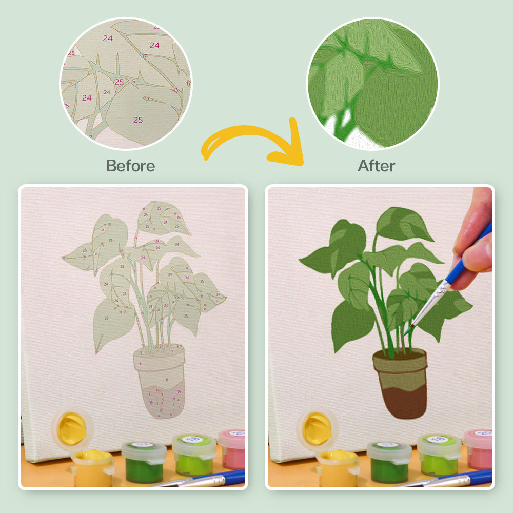 Hands painting a mini houseplant scene with numbered guide