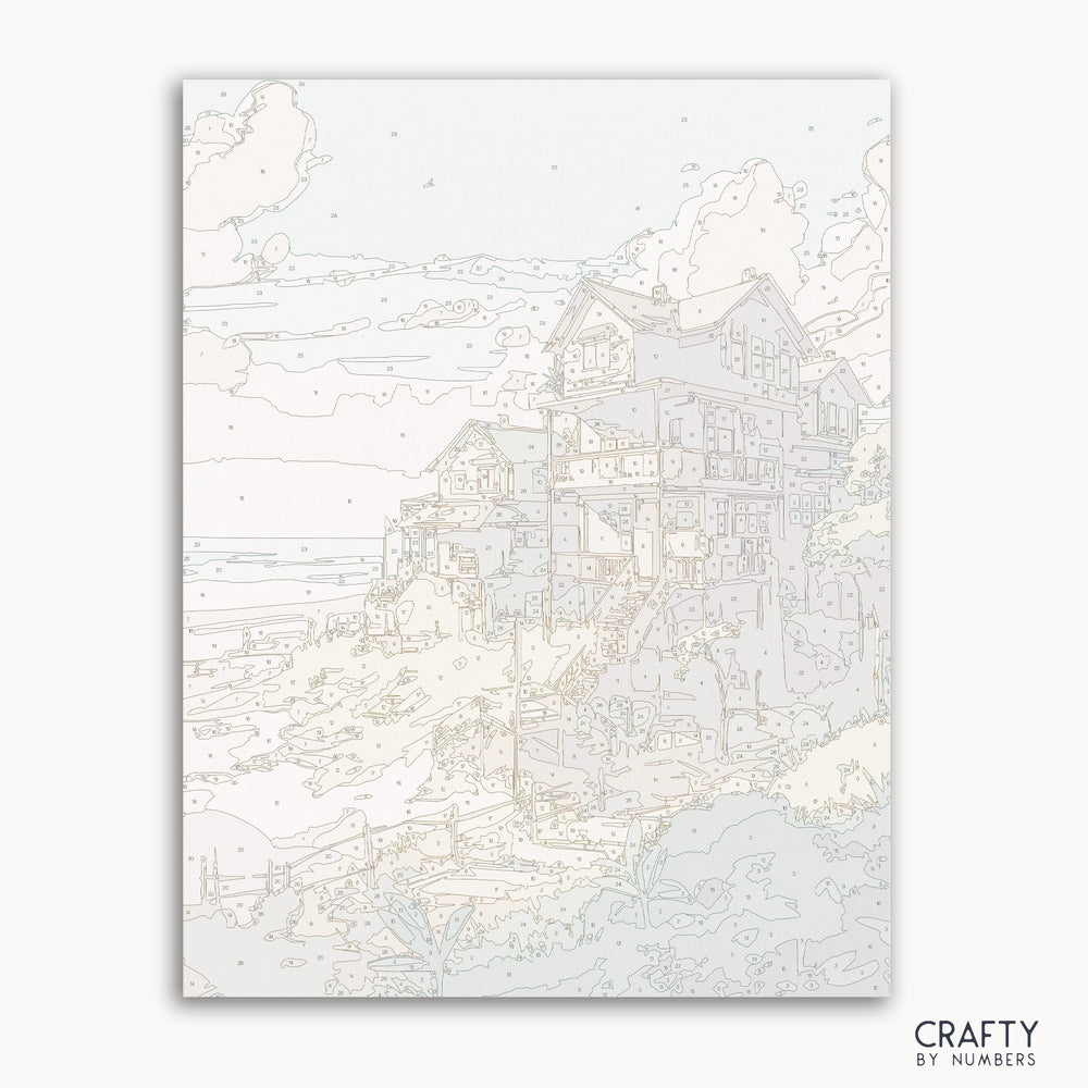 Beach houses paint by numbers kit with ocean waves and colorful cottages
