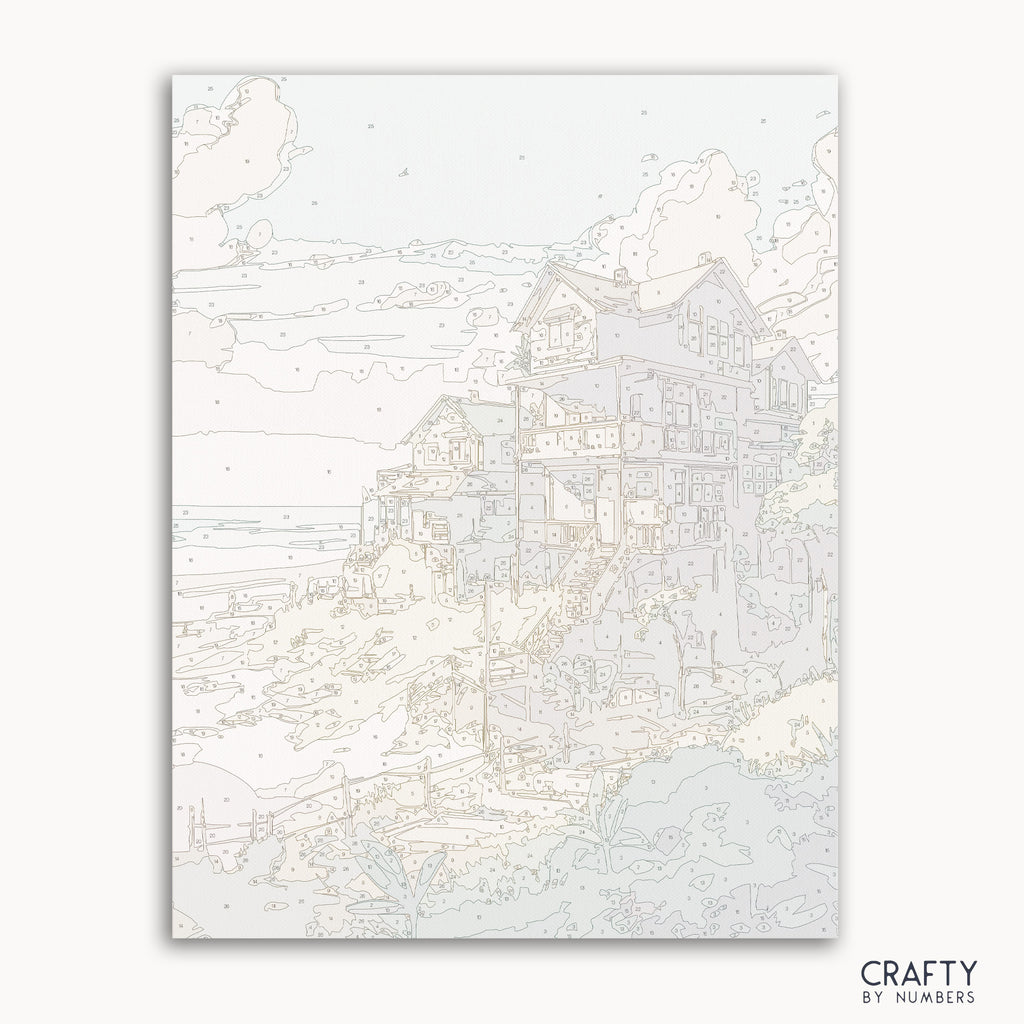 Beach houses paint by numbers kit with ocean waves and colorful cottages