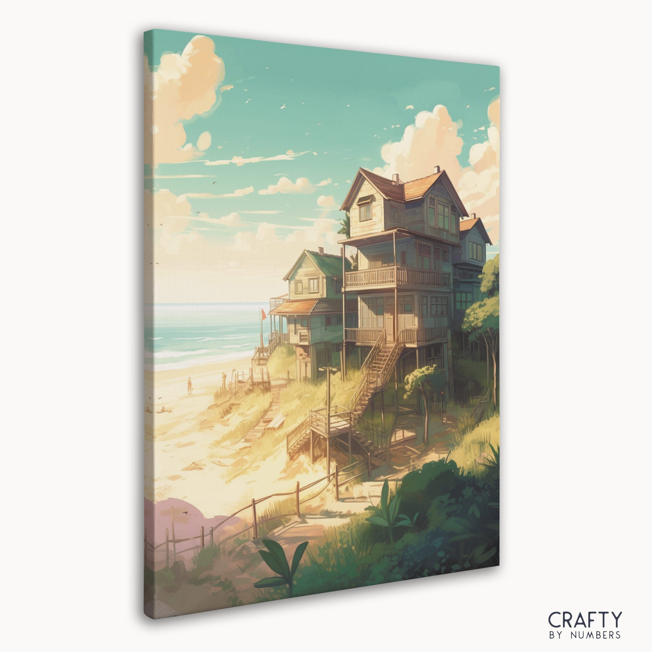 Coastal village paint by numbers featuring pastel beach houses
