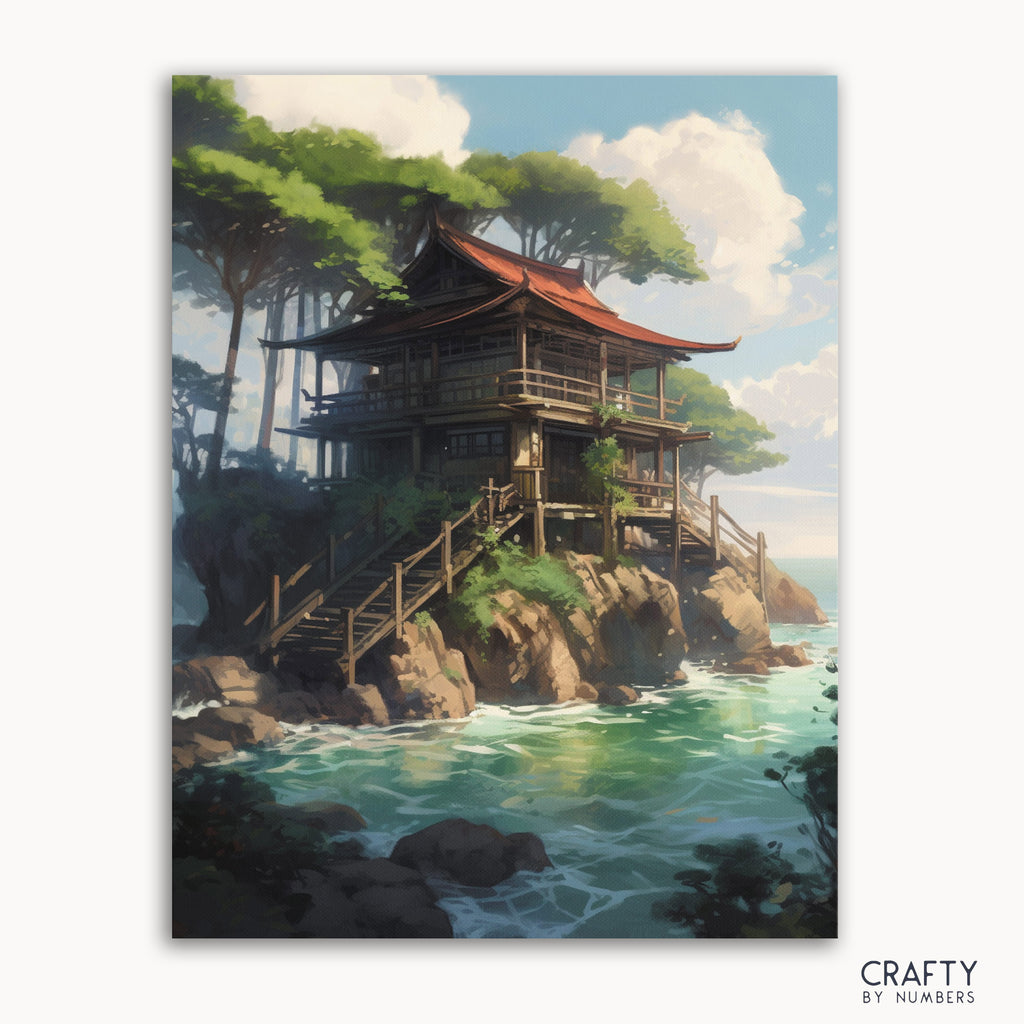 A paint-by-numbers kit image featuring a Japanese ocean shrine with a red roof, surrounded by green trees and ocean in the background.