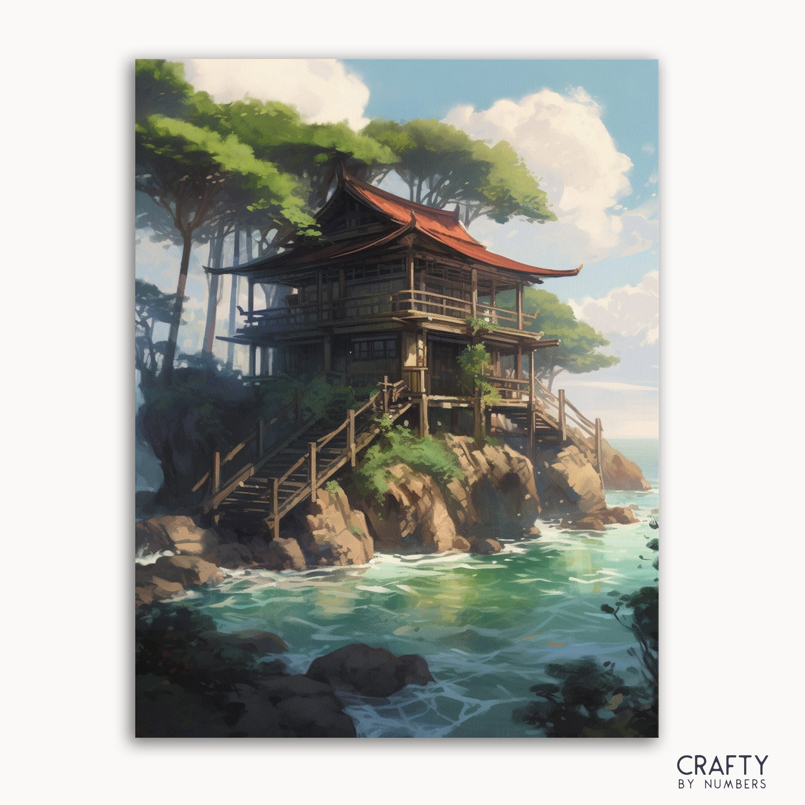 A paint-by-numbers kit image featuring a Japanese ocean shrine with a red roof, surrounded by green trees and ocean in the background.