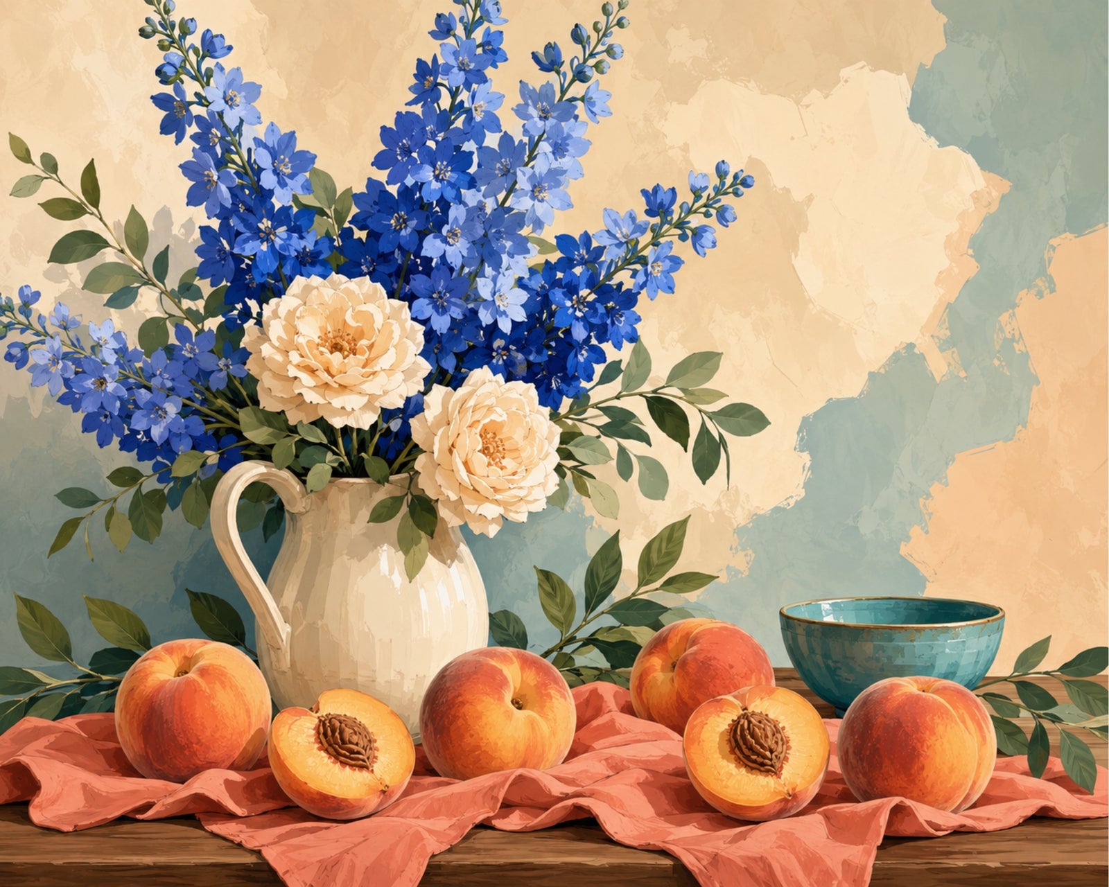 Pêches et delphiniums