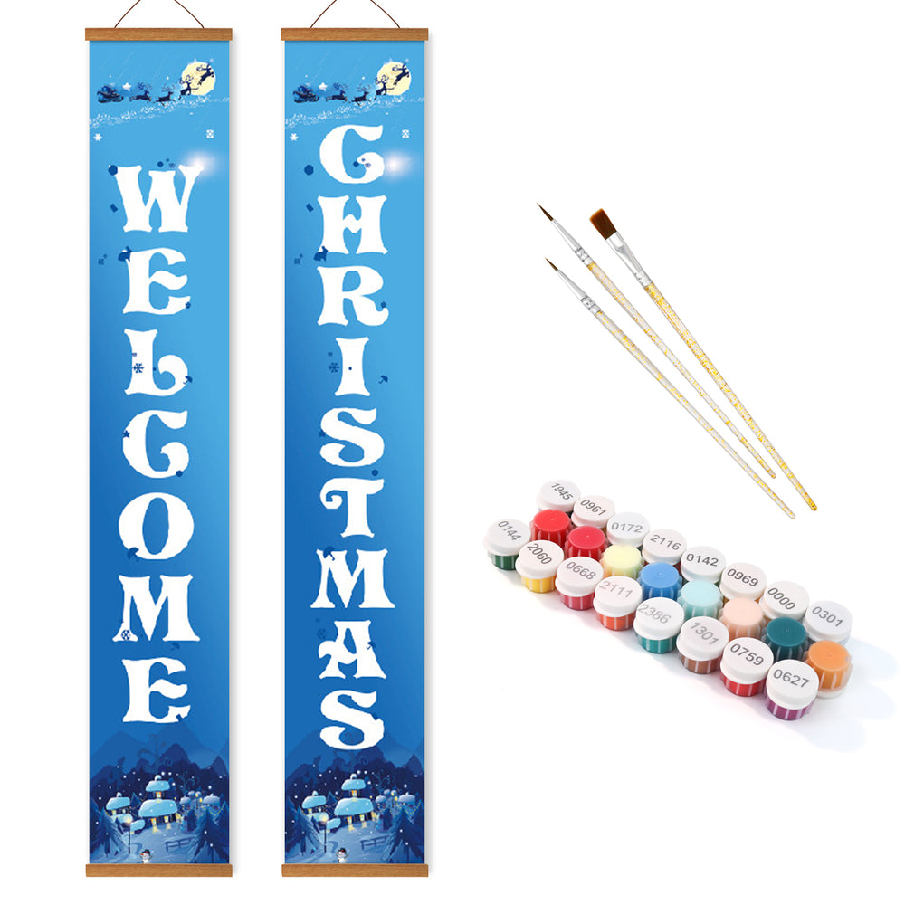 Christmas-themed decorative banner with 'Welcome Christmas' text, paintbrushes, and paint tubes on a white background.