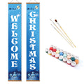 Christmas-themed decorative banner with 'Welcome Christmas' text, paintbrushes, and paint tubes on a white background.
