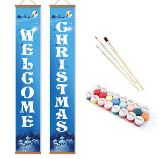Christmas-themed decorative banner with 'Welcome Christmas' text, paintbrushes, and paint tubes on a white background.