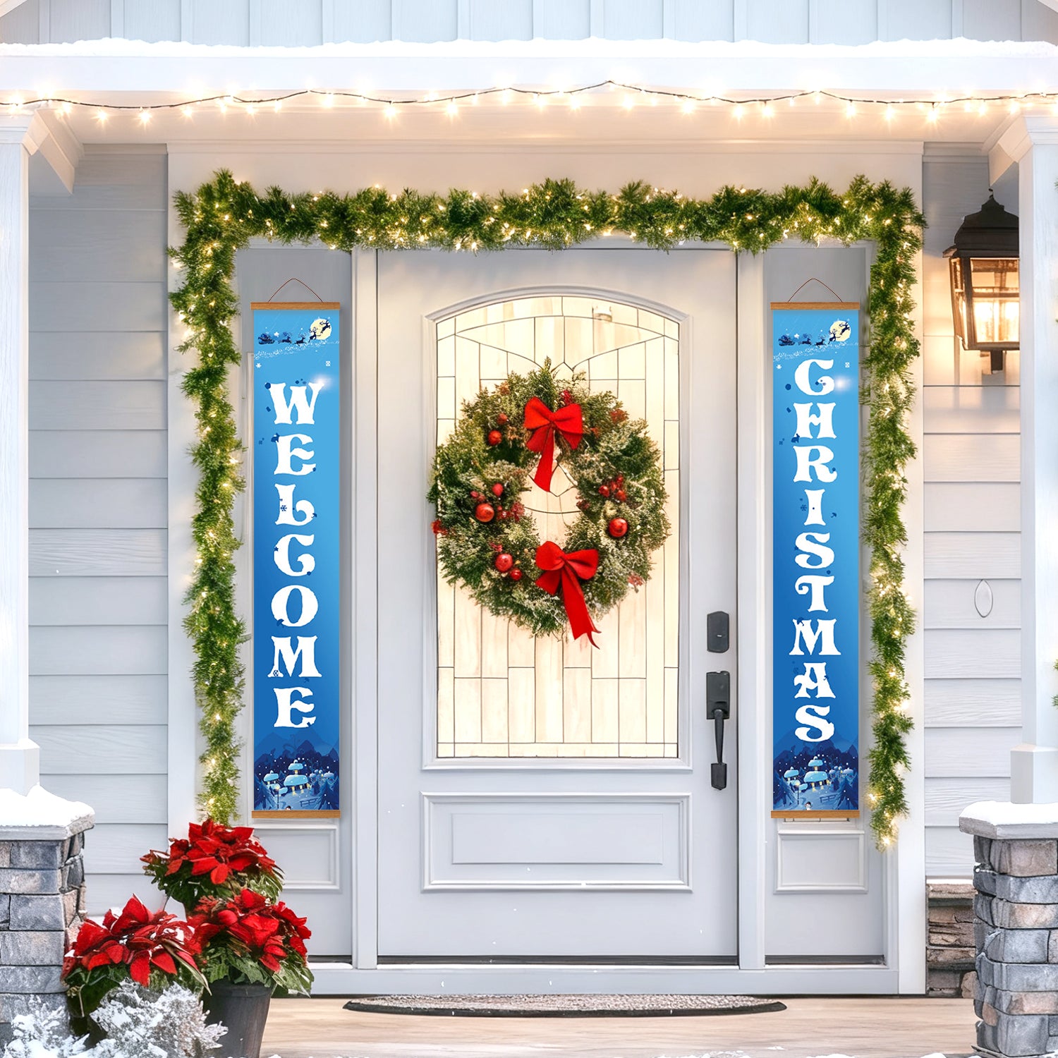Decorative Christmas door with wreath, garlands, and vertical banners on a house exterior.