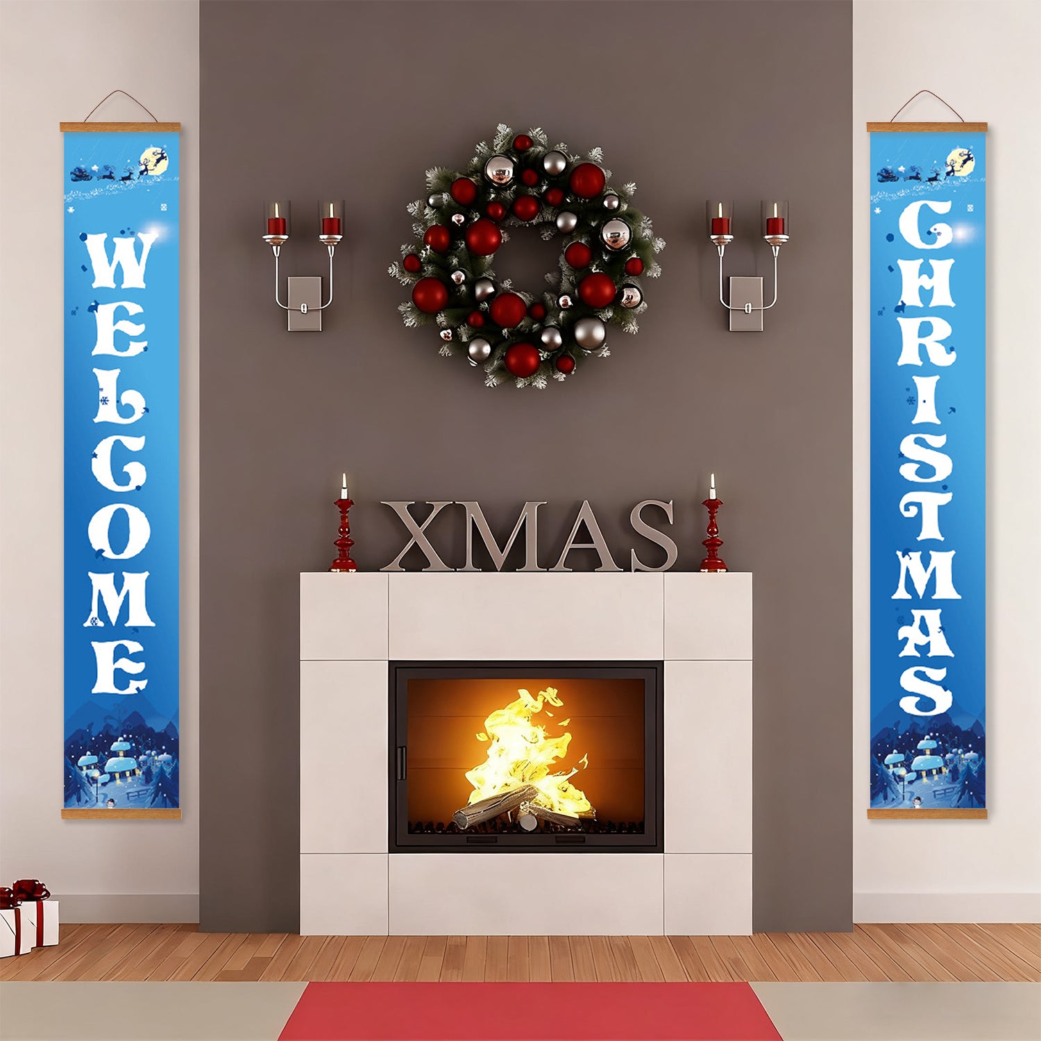 Decorative Christmas scene with a fireplace, wreath, and festive banners.