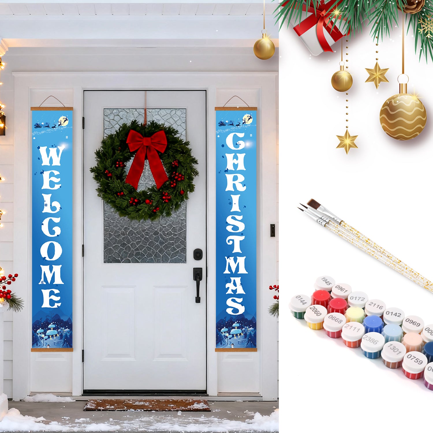 Christmas-themed door decorations with 'Welcome' and 'Christmas' banners, wreath, and paint supplies.