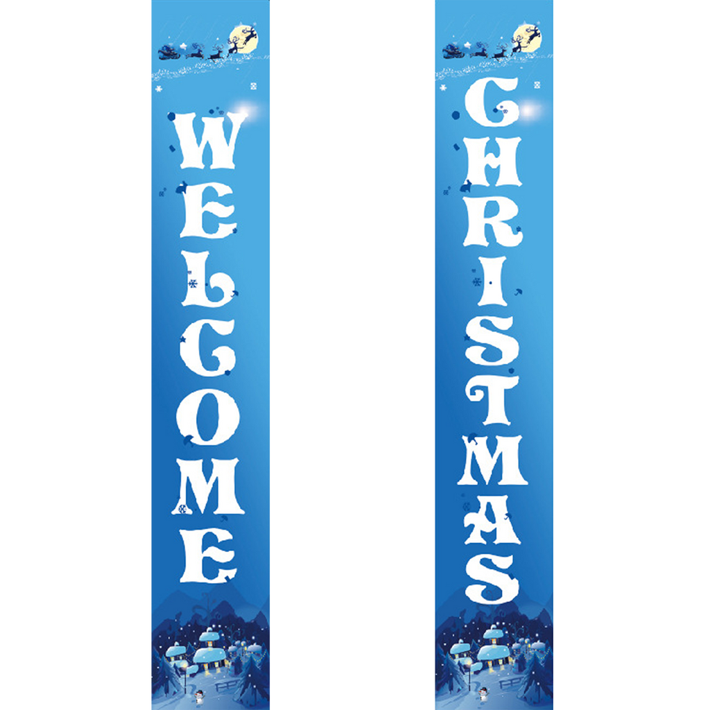 Dos pancartas verticales con el texto "Bienvenida Navidad" sobre un fondo azul con una escena invernal.