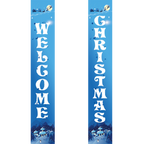 Two vertical banners with 'Welcome Christmas' text on a blue background with winter scene.