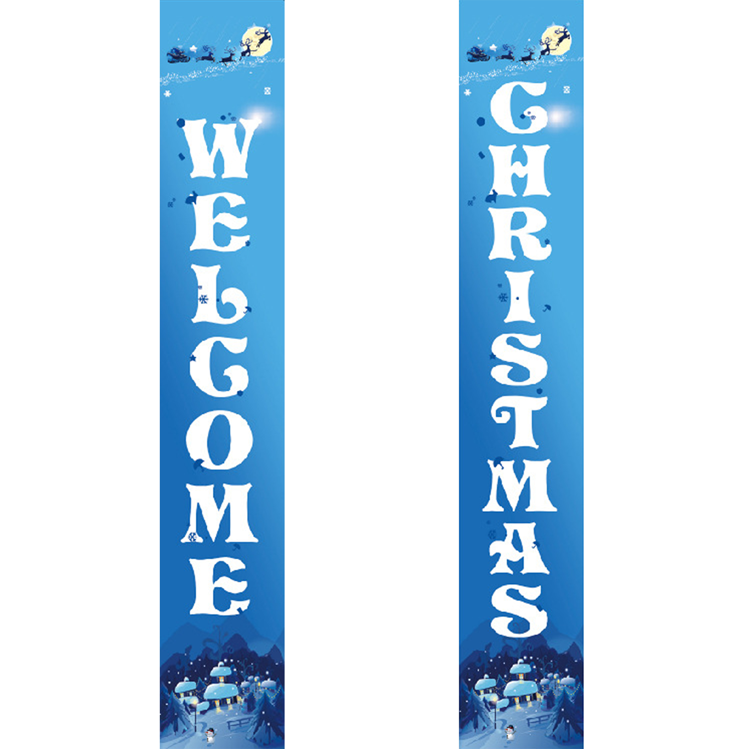 Two vertical banners with 'Welcome Christmas' text on a blue background with winter scene.